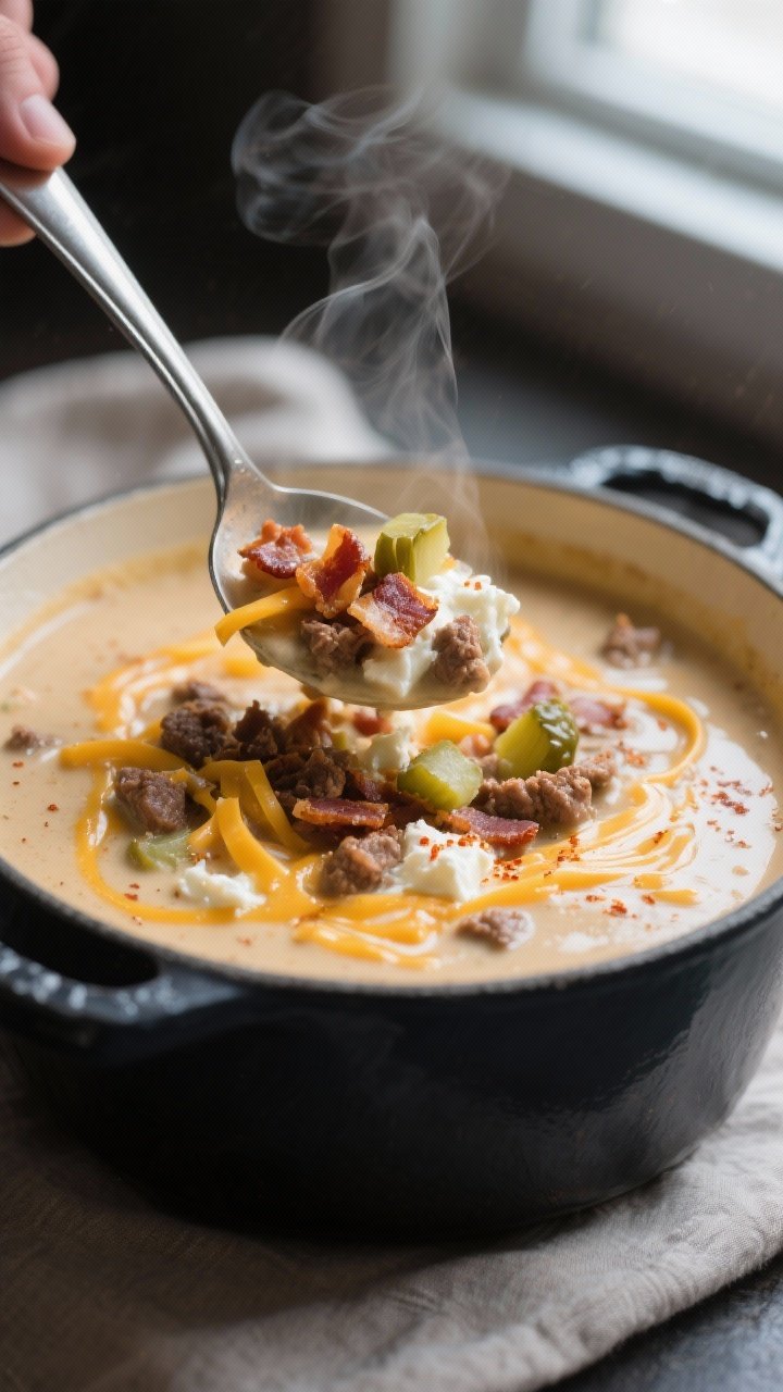 Close-up detail shot: A ladle lifting creamy keto bacon cheeseburger soup from a Dutch oven, showcas