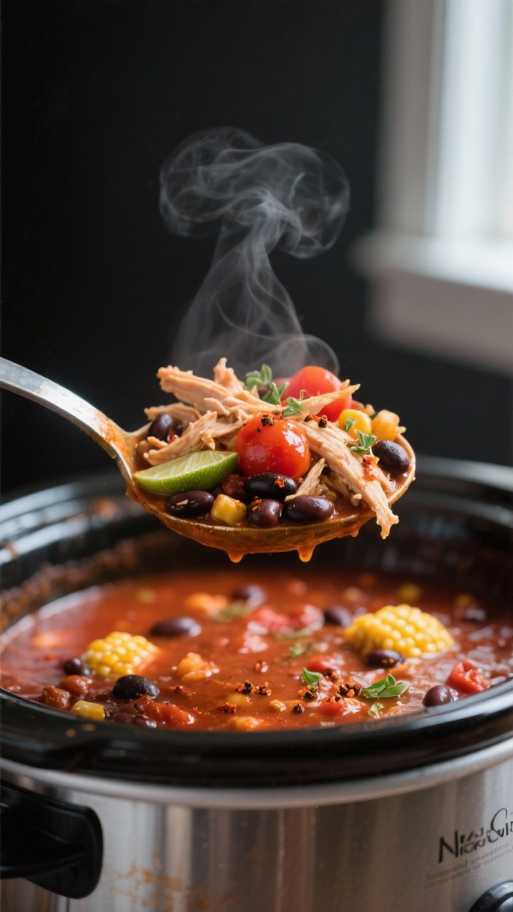 Close-up detail shot: A ladle lifting shredded chipotle-lime chicken chili from the slow cooker, sho