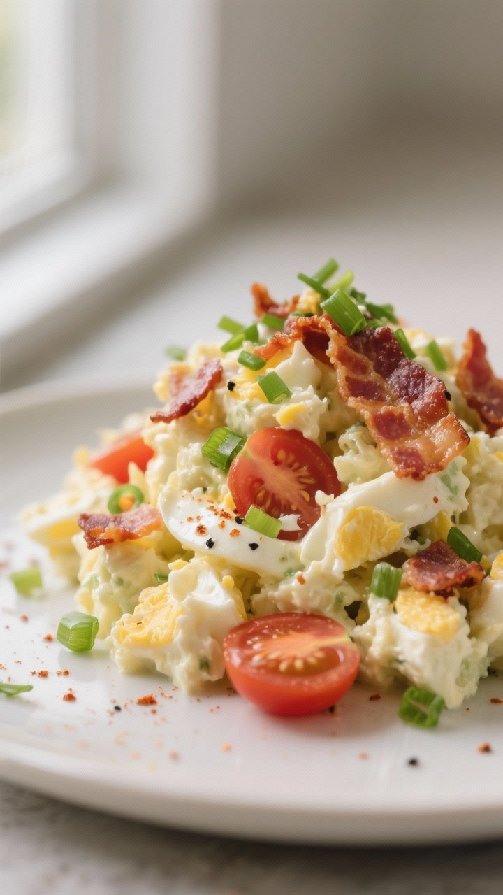 Close-up detail shot: A mound of creamy Keto BLT Egg Salad just folded together, showing glossy mayo