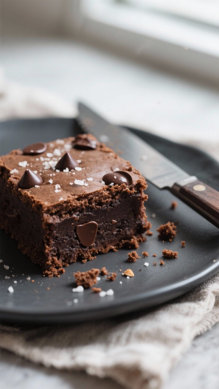 Close-up detail shot: A sliced square of keto almond flour brownie with fudgy center and chewy edges