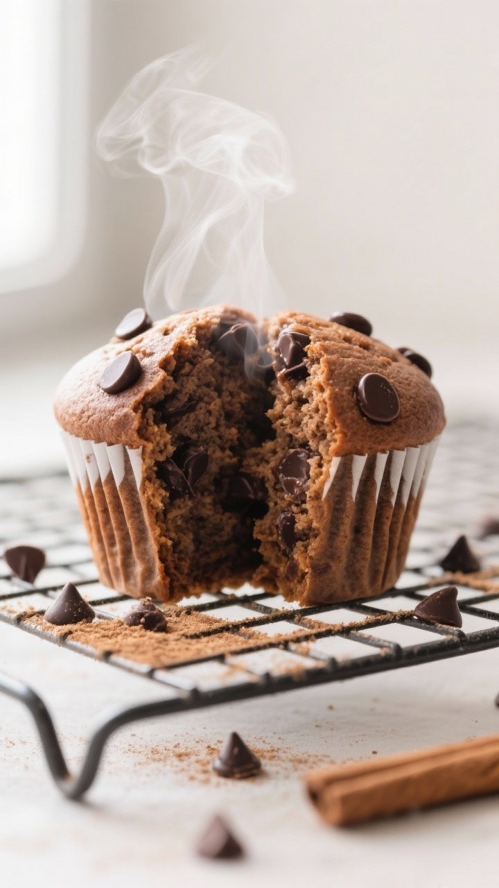 Close-up detail shot: A split, still-warm chocolate chip protein muffin on a wire cooling rack, stea