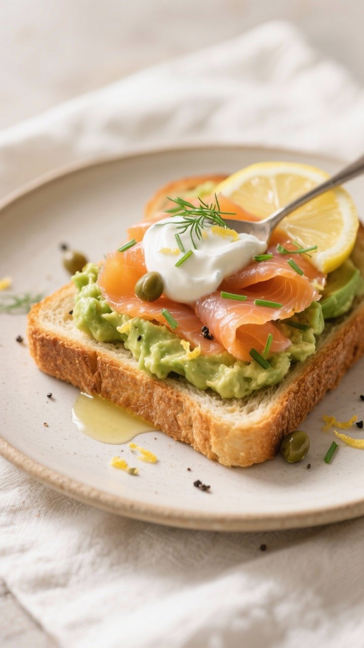 Close-up detail shot: A thick slice of golden, crisp sourdough toast topped with chunky lemon-kissed
