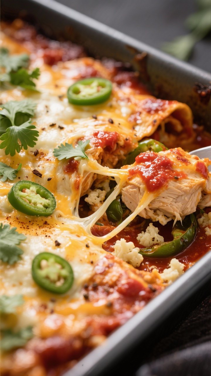Close-up detail shot: Bubbling keto chicken enchilada bake just out of the oven, cheese melted and l