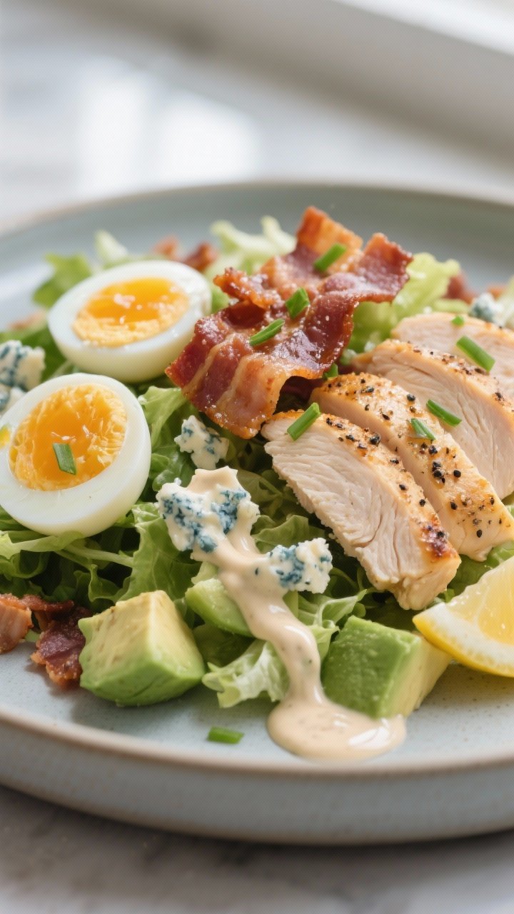 Close-up detail shot: Crisp crumbled bacon and jammy hard-boiled egg quarters layered over chopped r