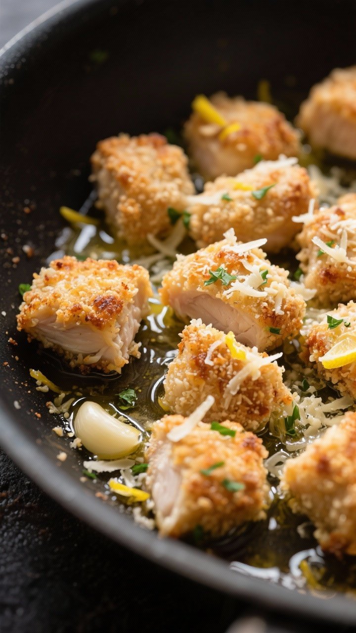 Close-up detail shot: Crispy Garlic Parmesan Chicken Bites just after tossing in the skillet with me