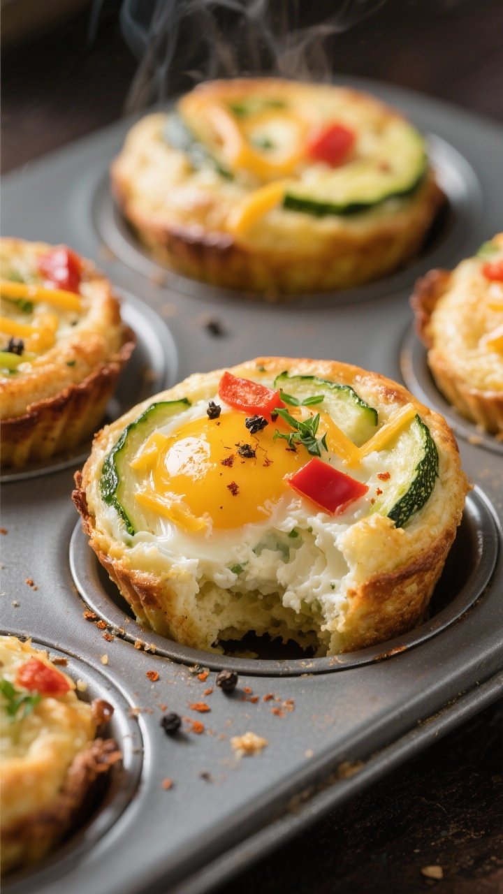 Close-up detail shot: freshly baked zucchini egg muffins just out of the oven, tops lightly golden a