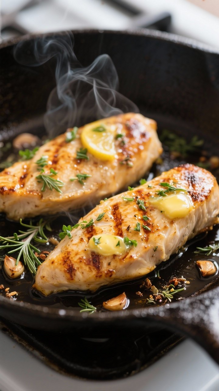Close-up detail shot: Golden-browned lemon herb chicken tenderloins just after flipping in a hot ski