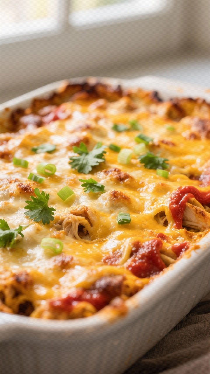 Close-up detail shot: golden, bubbly top of a baked Keto Chicken Enchilada Casserole just out of the