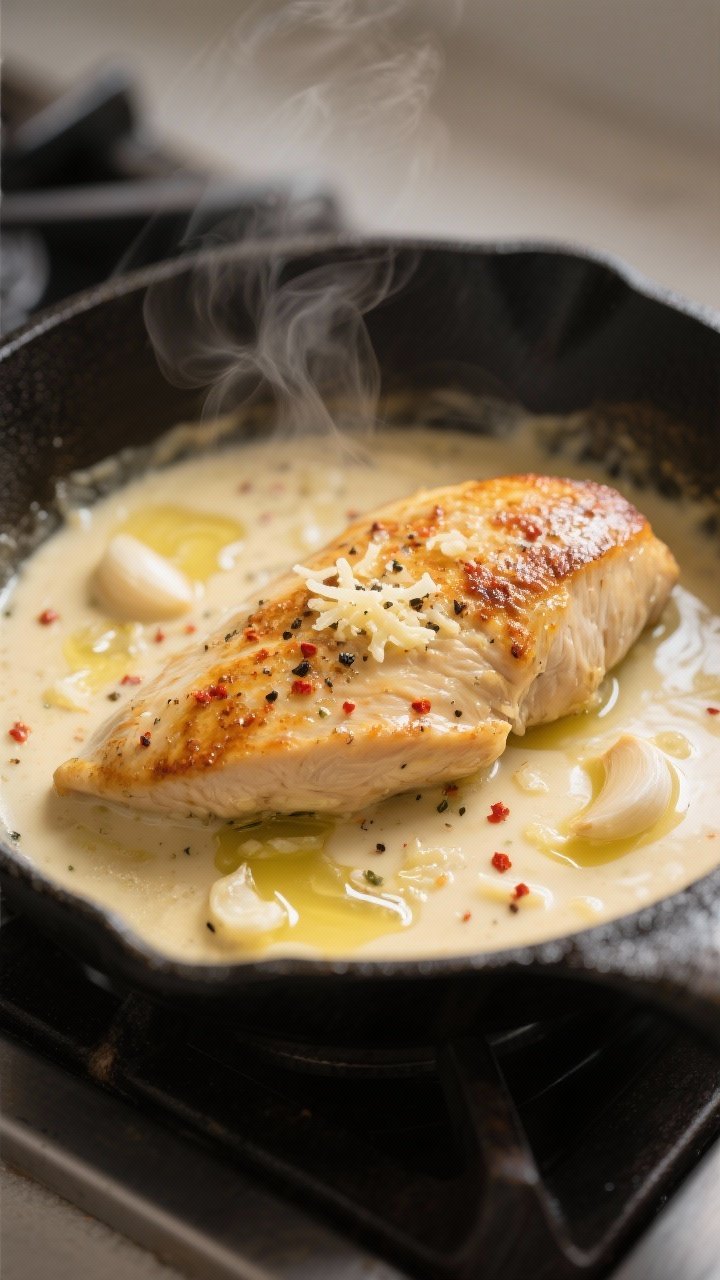 Close-up detail shot: Golden-seared chicken breast nestled in a bubbling creamy garlic butter sauce 