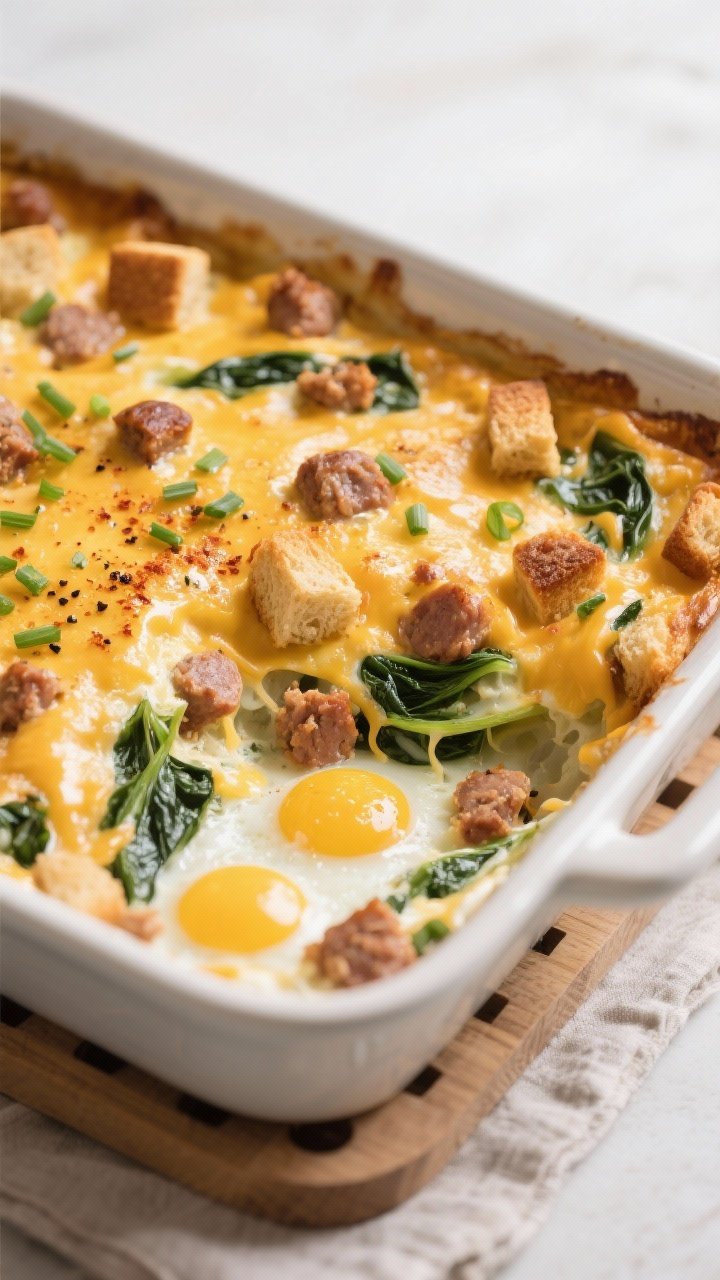 Close-up detail shot: Golden-topped sausage, egg, and spinach breakfast casserole just out of the ov