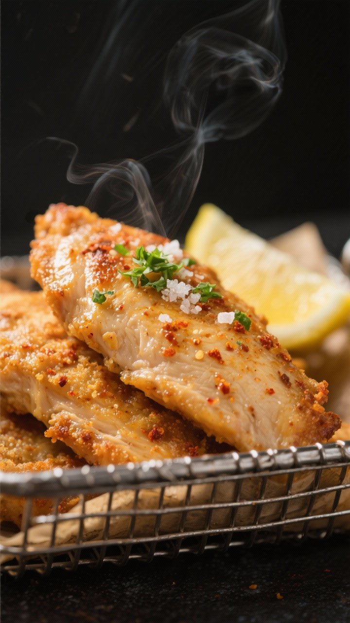 Close-up detail shot: Juicy air-fried chicken tenderloin just out of the basket, golden-brown with l