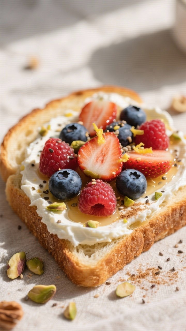 Close-up detail shot of a freshly assembled Ricotta & Berry Protein Toast: thick, creamy ricotta spr