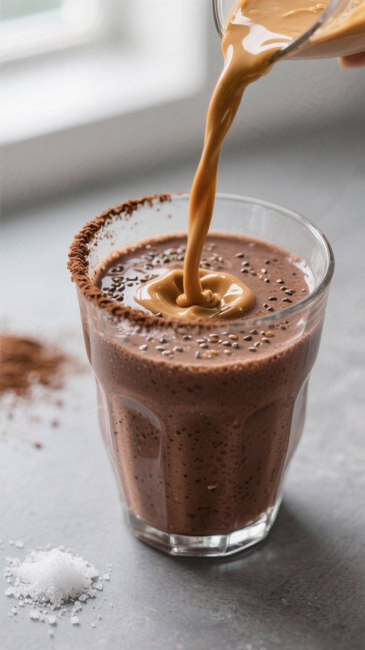 Close-up detail shot of a freshly blended Chocolate Peanut Butter Protein Smoothie being poured in a