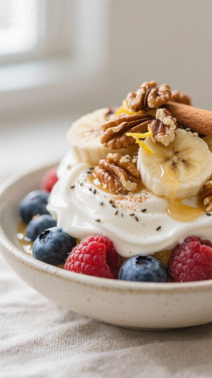 Close-up detail shot of a fully assembled Greek Yogurt & Walnut Power Parfait, focusing on creamy sw