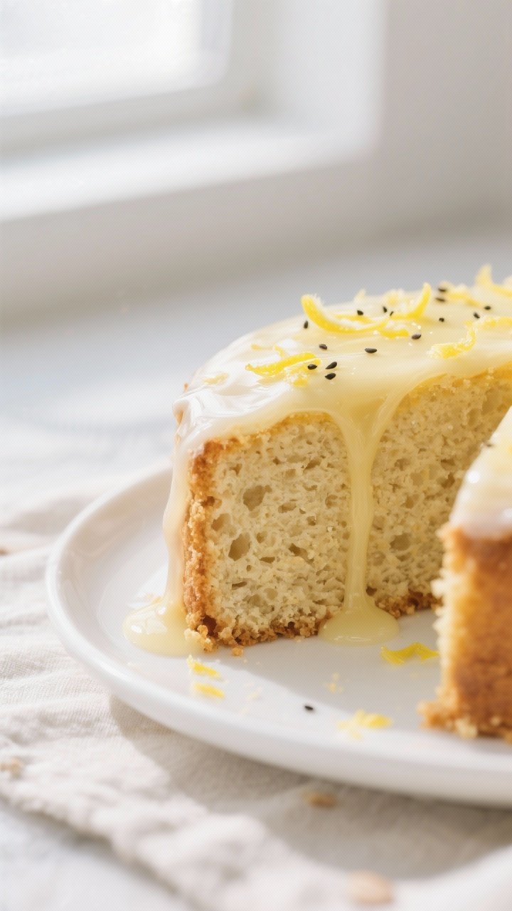 Close-up detail shot of a sliced keto lemon cake crumb with lemon glaze set and glossy, showing mois
