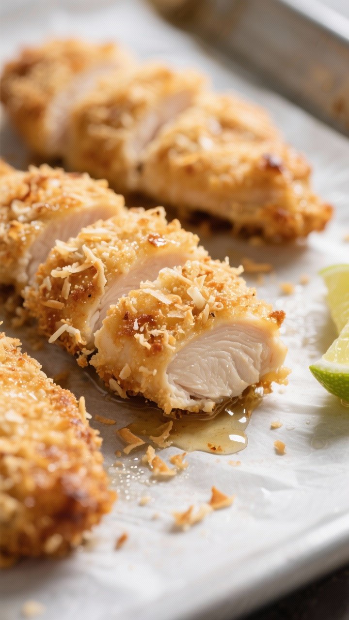 Close-up detail shot of coconut-crusted chicken tenderloins just out of the oven, golden and crisp w