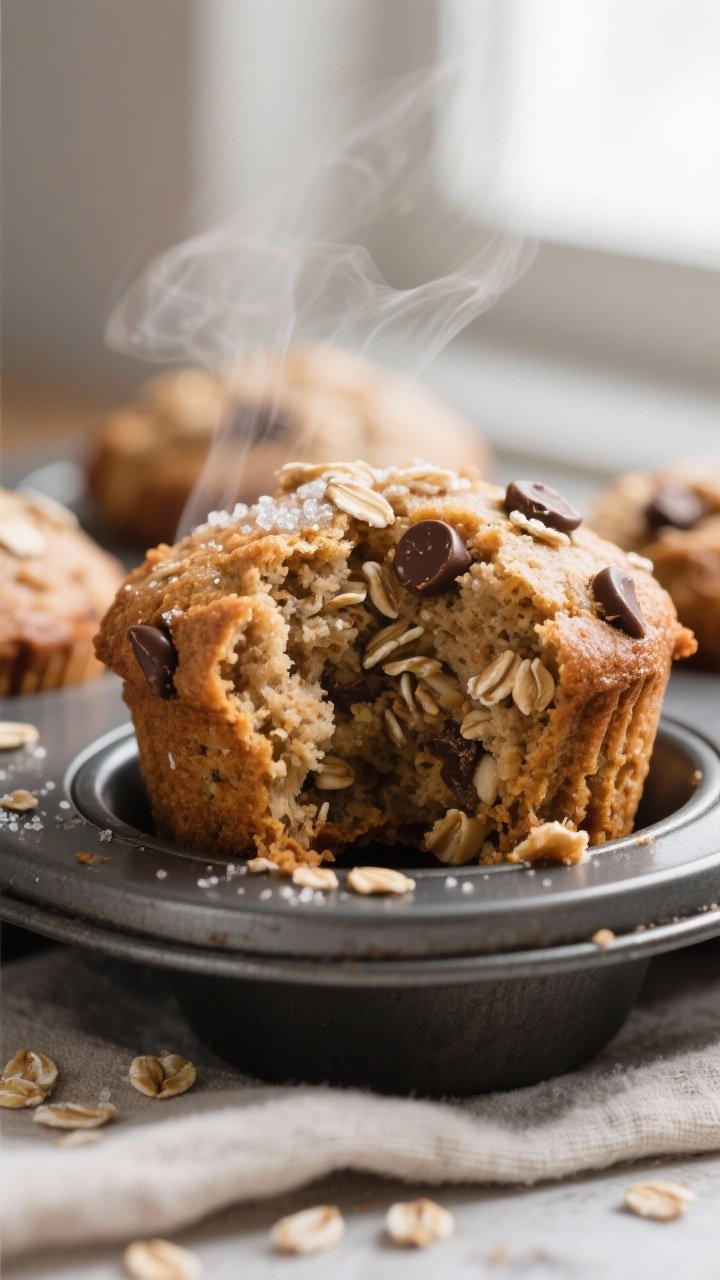 Close-up detail shot of freshly baked banana oat muffins just out of the tin, one muffin torn open t