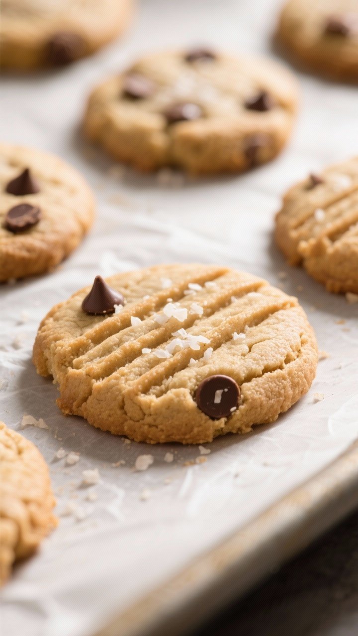 Close-up detail shot of freshly baked keto almond butter cookies just out of the oven on a parchment