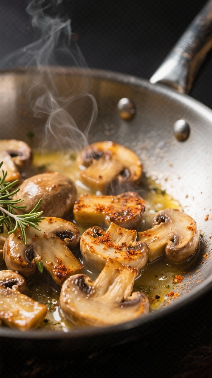 Close-up detail shot of golden-browned cremini mushrooms sizzling in a wide stainless-steel skillet,