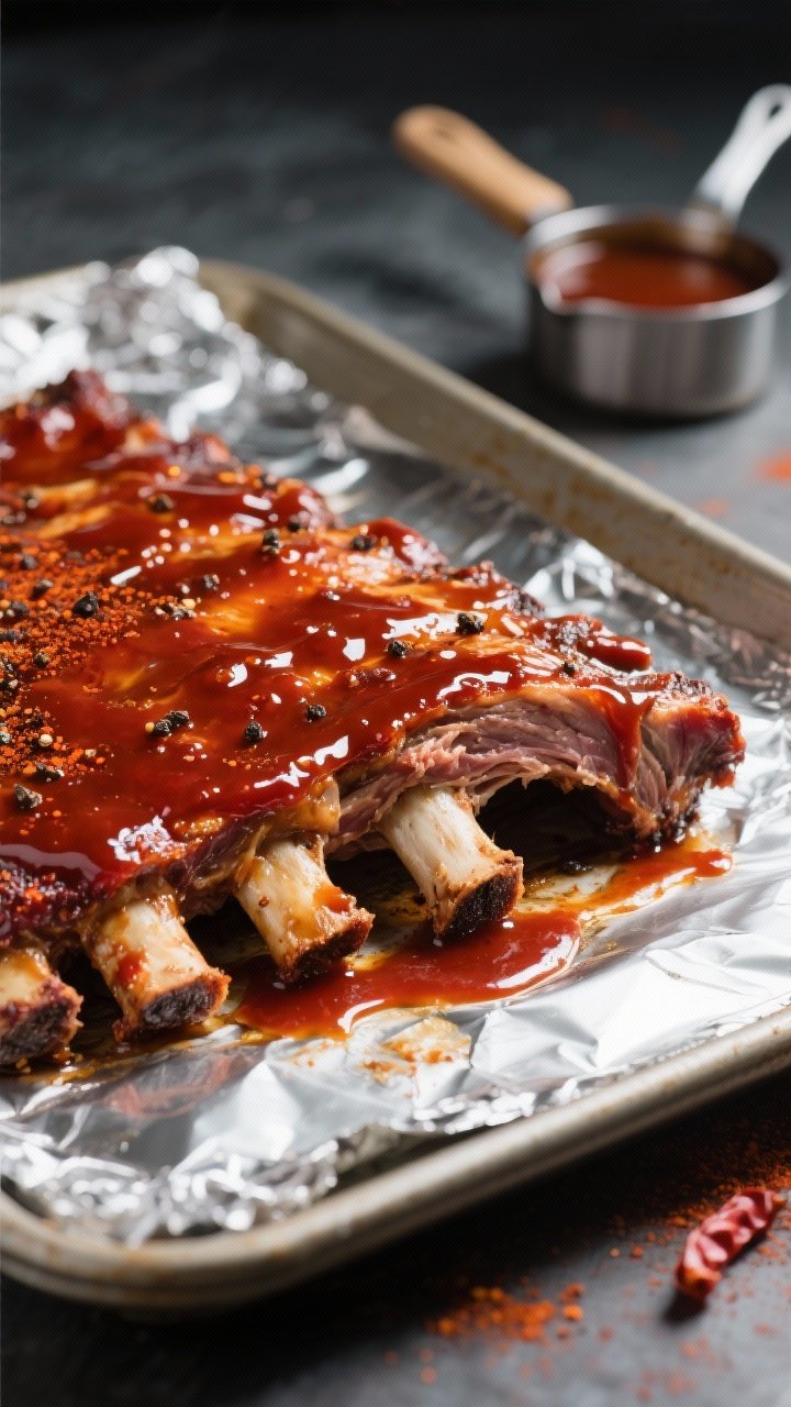 Close-up detail shot of slow-cooked keto BBQ ribs just out of the slow cooker and placed on a foil-l