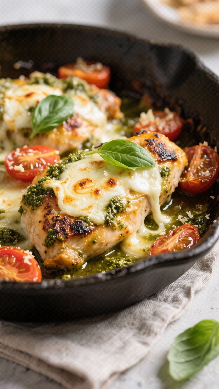 Close-up detail shot of the baked pesto chicken just out of the oven: golden, blistered mozzarella b