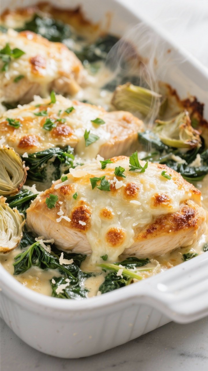 Close-up detail shot of the baked spinach–artichoke topping melting over juicy chicken breasts jus
