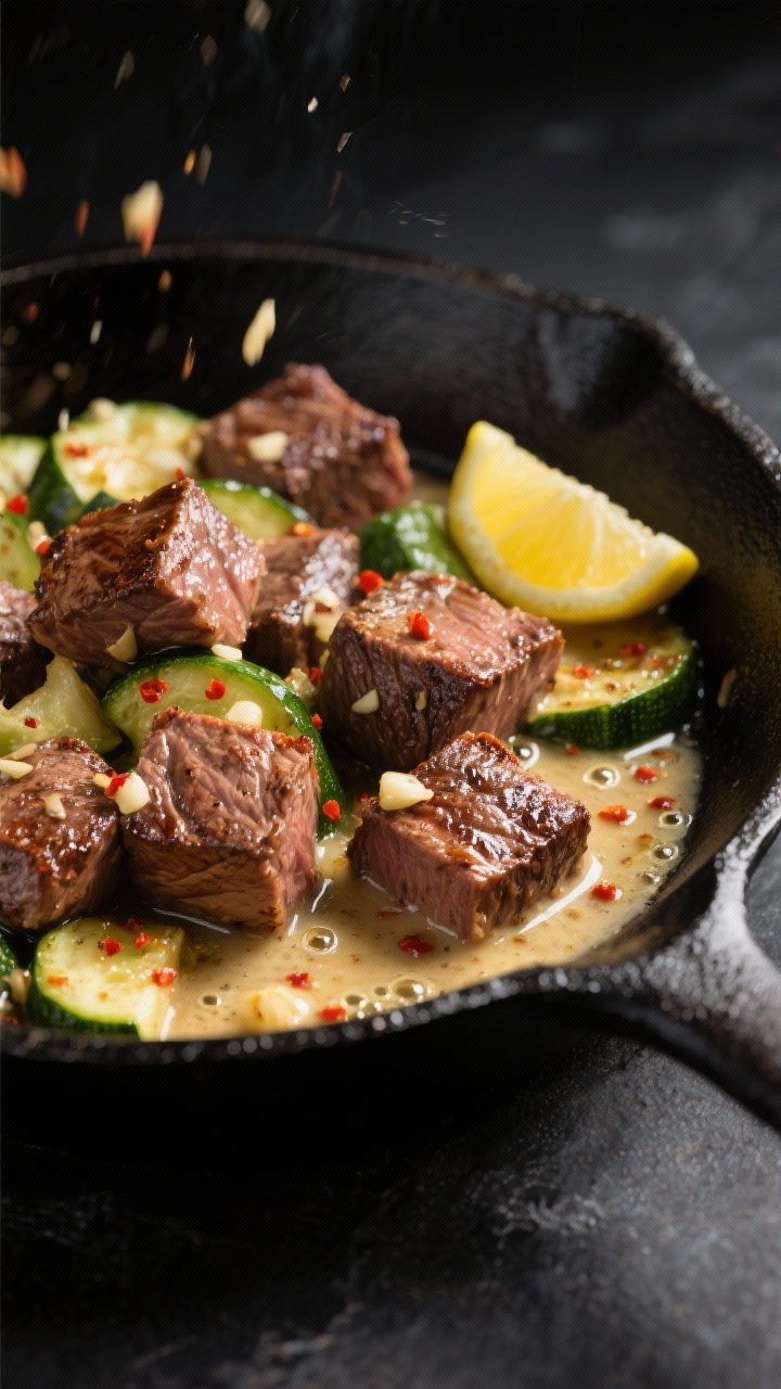 Close-up detail shot: Sizzling garlic butter steak bites tossing with crisp-tender zucchini in a bla