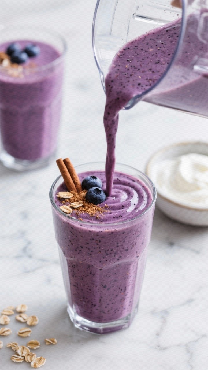 Close-up detail shot: Thick, just-blended blueberry protein smoothie being poured from a glass blend