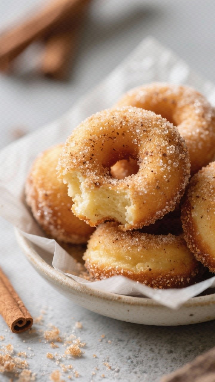 Close-up detail shot: Warm keto cinnamon sugar donut holes just after coating, stacked in a small pa