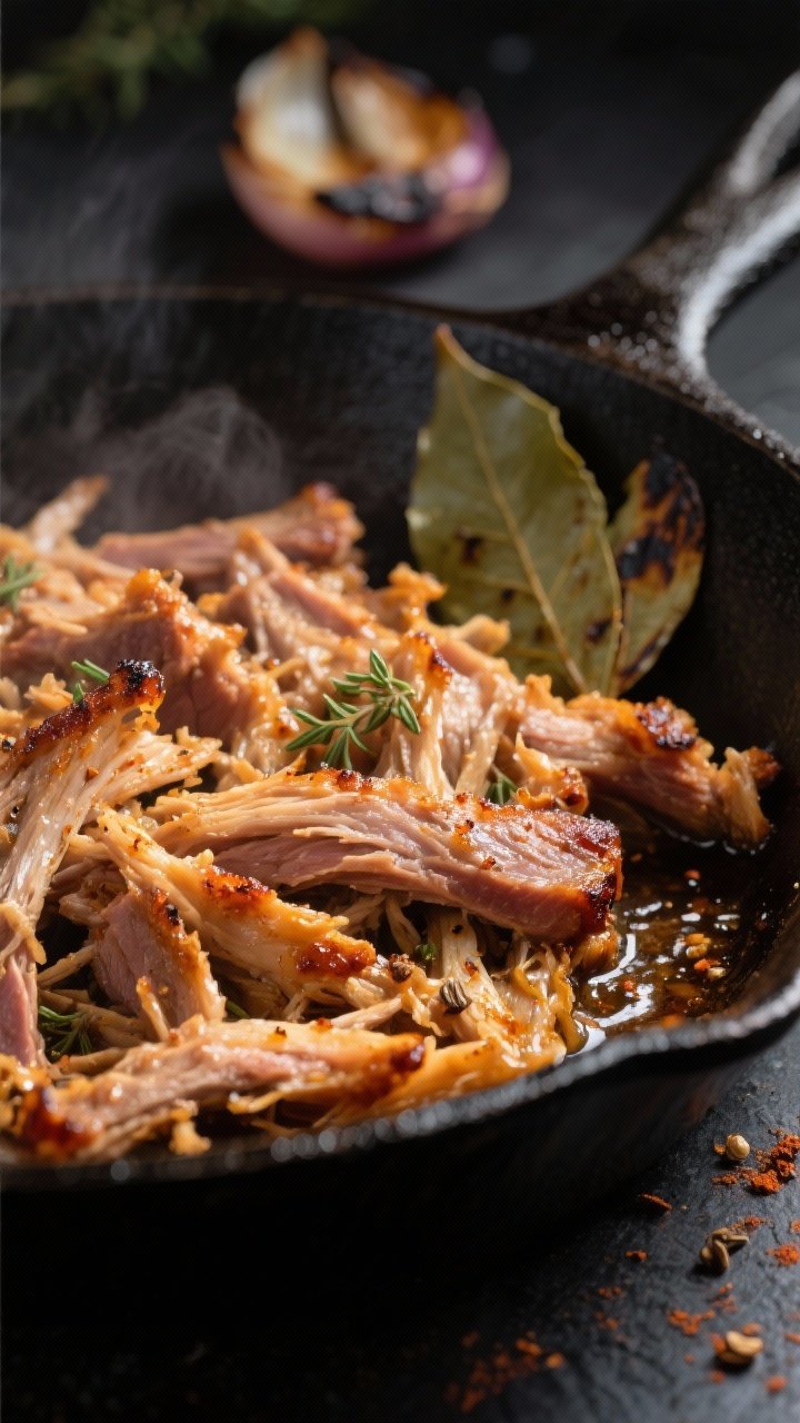 Close-up detail: Shredded keto pork carnitas sizzling in a cast-iron skillet during the crisping ste