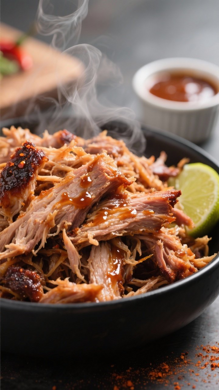 Close-up detail: Shredded keto pulled pork just after cooking, glistening and juicy strands tossed w