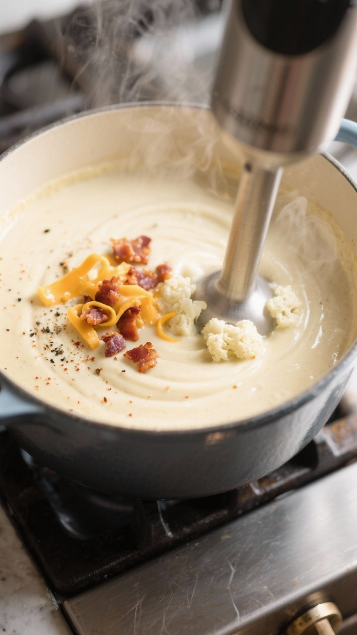 Close-up detail: Silky keto cauliflower soup being blended directly in a Dutch oven with an immersio