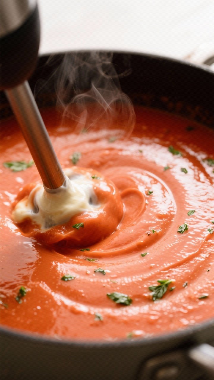 Close-up detail: Silky keto tomato basil soup being blended smooth with an immersion blender in the 