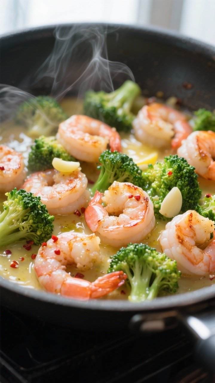 Close-up detail: Sizzling garlic butter sauce coating just-seared shrimp and crisp-tender broccoli i