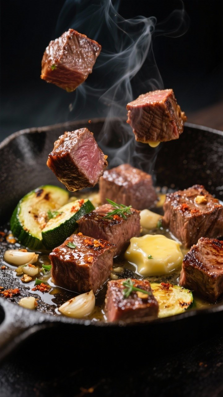 Close-up detail: Sizzling garlic butter steak bites in a cast-iron skillet mid-toss, showing deep ca