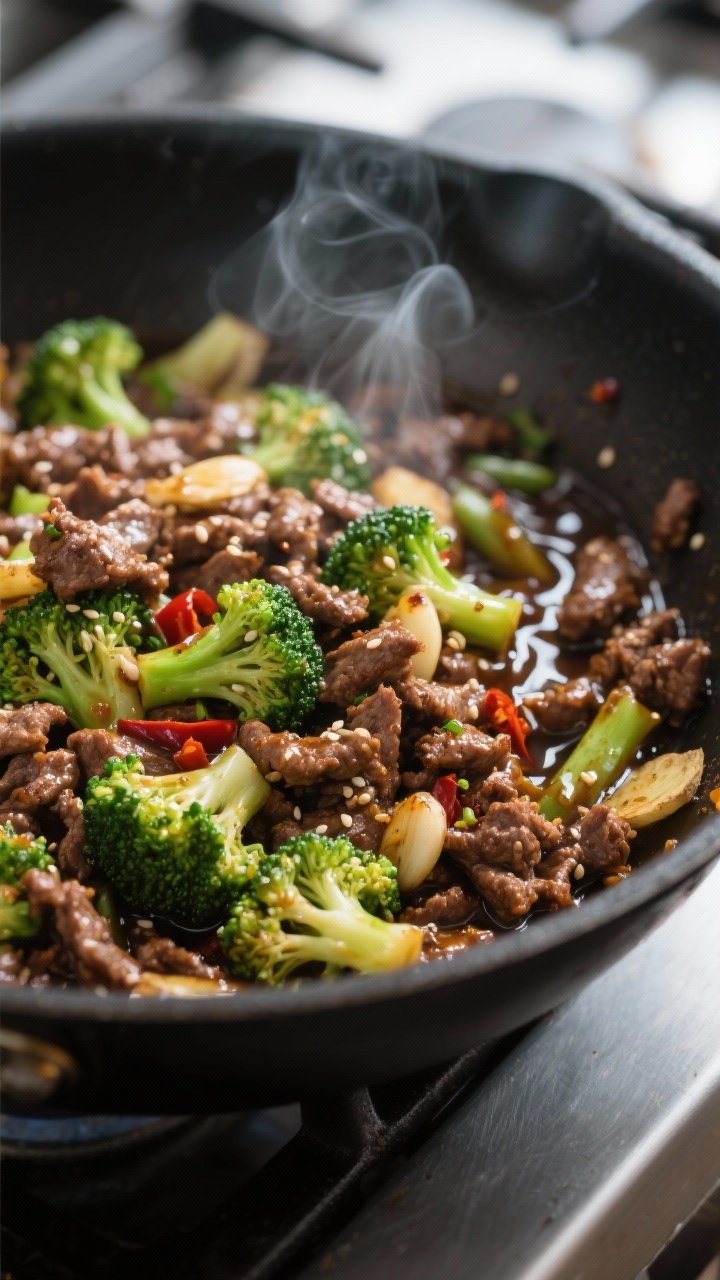 Close-up detail: Sizzling keto ground beef and broccoli stir fry in a dark carbon-steel skillet mid-
