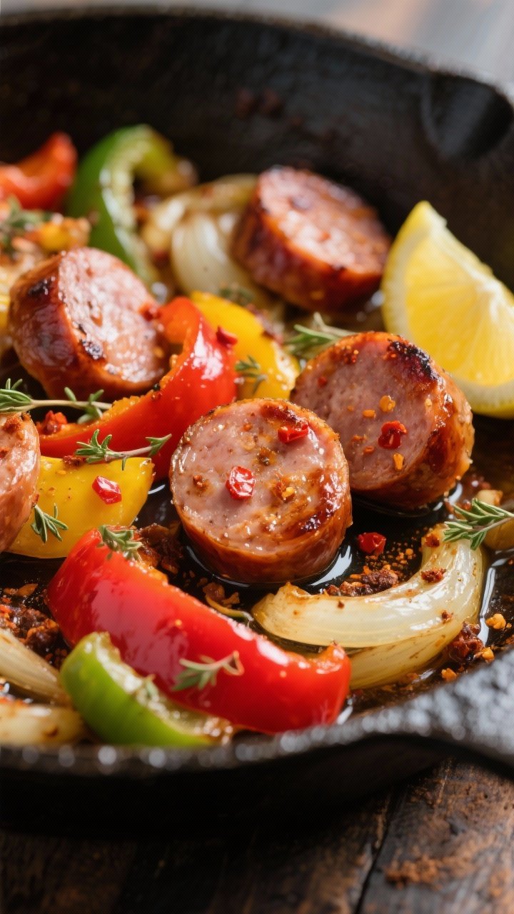 Close-up detail: Sliced Italian sausage coins with deep caramelized edges nestled among sautéed red