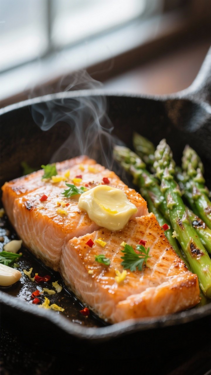 Close-up detail: Sliced, perfectly seared salmon fillet just returned to the pan, flaky layers visib