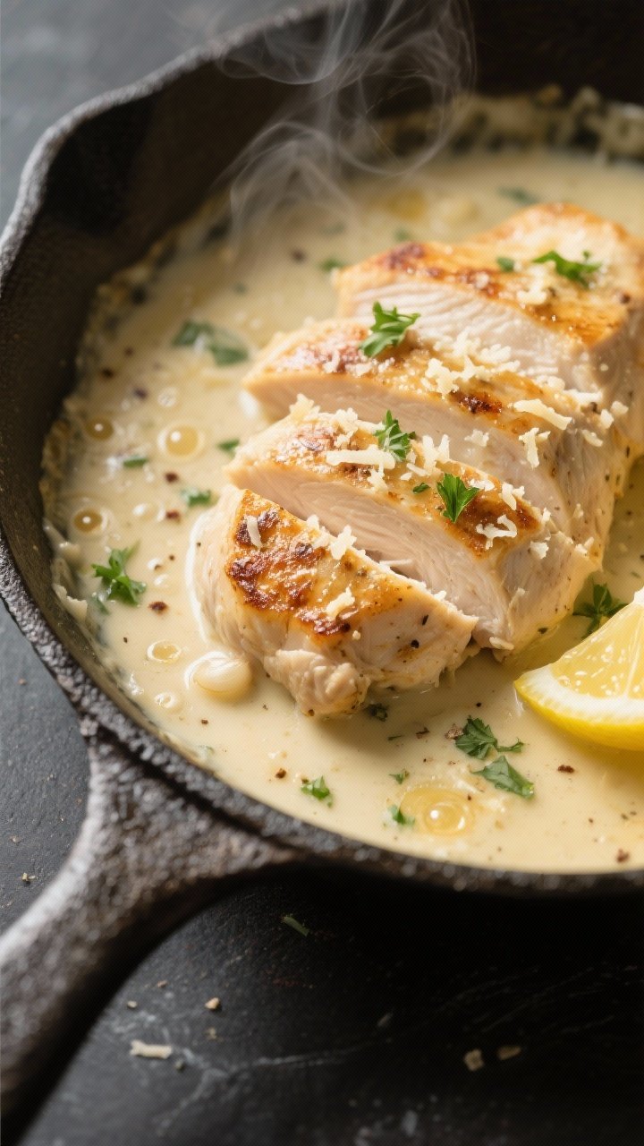 Close-up detail: Sliced seared chicken breast nestled in a silky garlic-Parmesan cream sauce in a sk