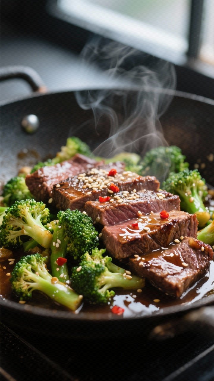 Close-up detail: Slices of seared beef sirloin glistening in a glossy, keto tamari-garlic-ginger sau