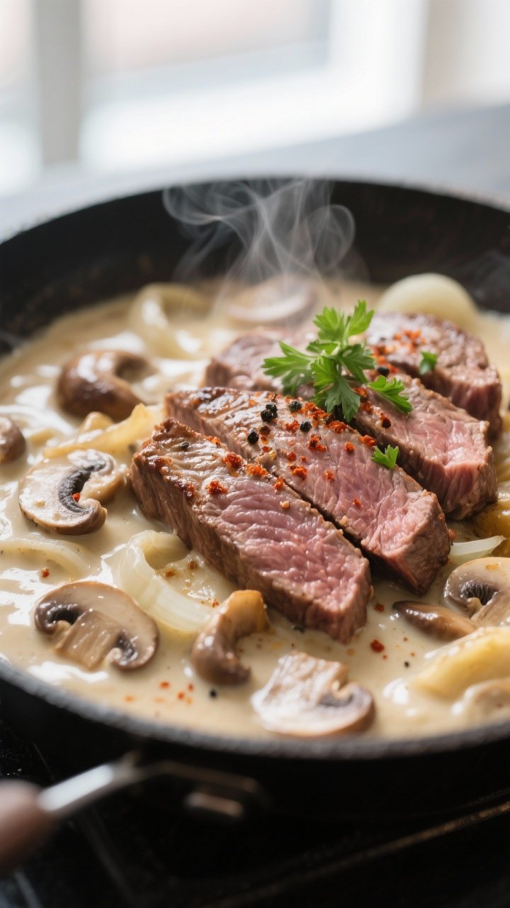Close-up detail: Slices of seared sirloin beef nestled in a glossy, creamy sour cream and cream chee