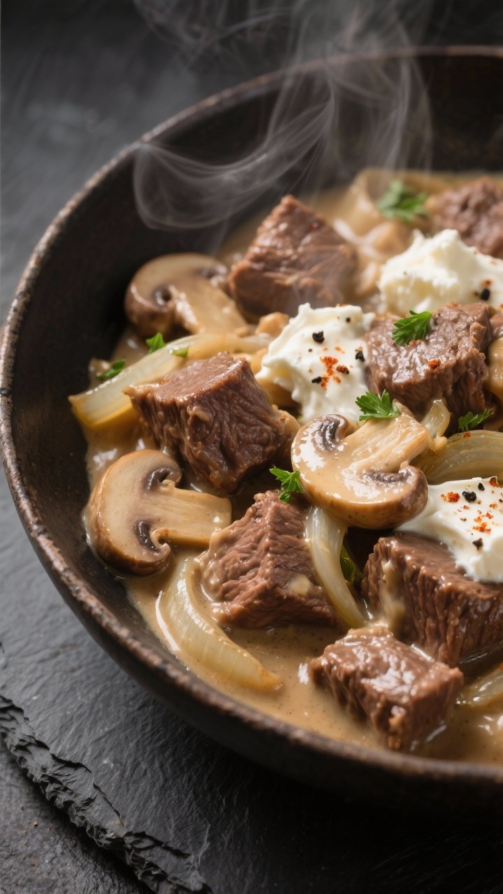 Close-up detail: Slow cooker keto beef stroganoff just finished, tender browned beef chunks nestled 