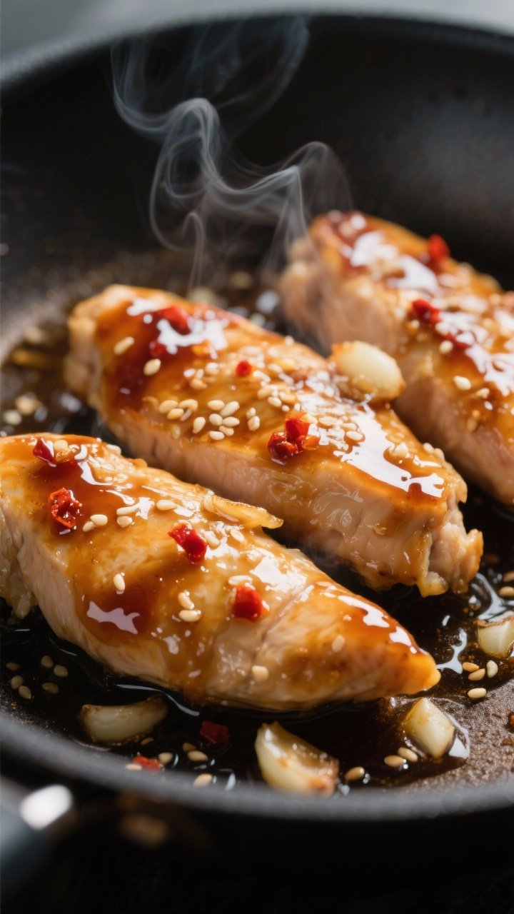 Close-up detail: Sticky honey-garlic chicken tenderloins just after glazing in a skillet, glossy sau