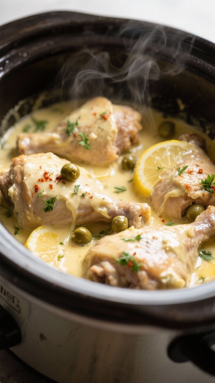 Close-up detail: Tender crockpot-cooked chicken thighs being coated in a silky lemon-garlic butter s