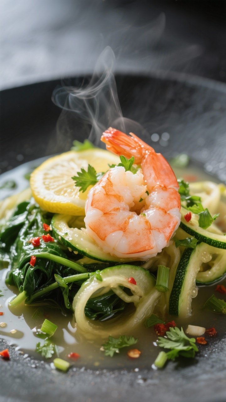 Close-up detail: Tender pink shrimp just-poached in a clear, aromatic lemon-garlic-ginger broth, nes