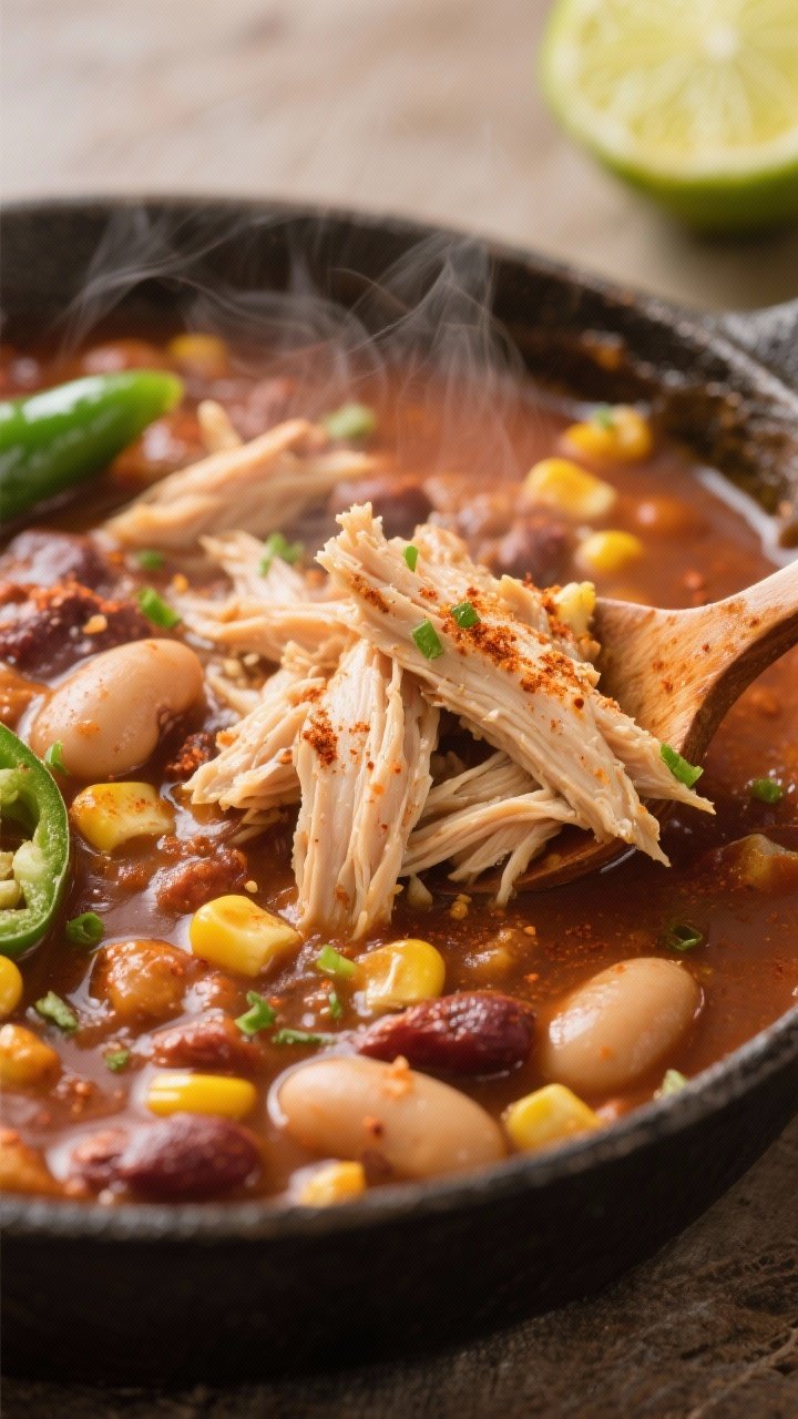 Close-up detail: Tender shredded chicken being folded back into the slow cooker chili in glossy, sli
