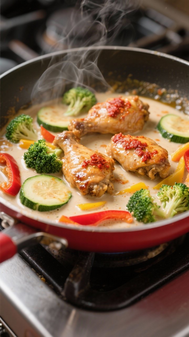 Close-up detail: Thai curry keto chicken simmering in a shallow skillet, showing glossy, thickened f