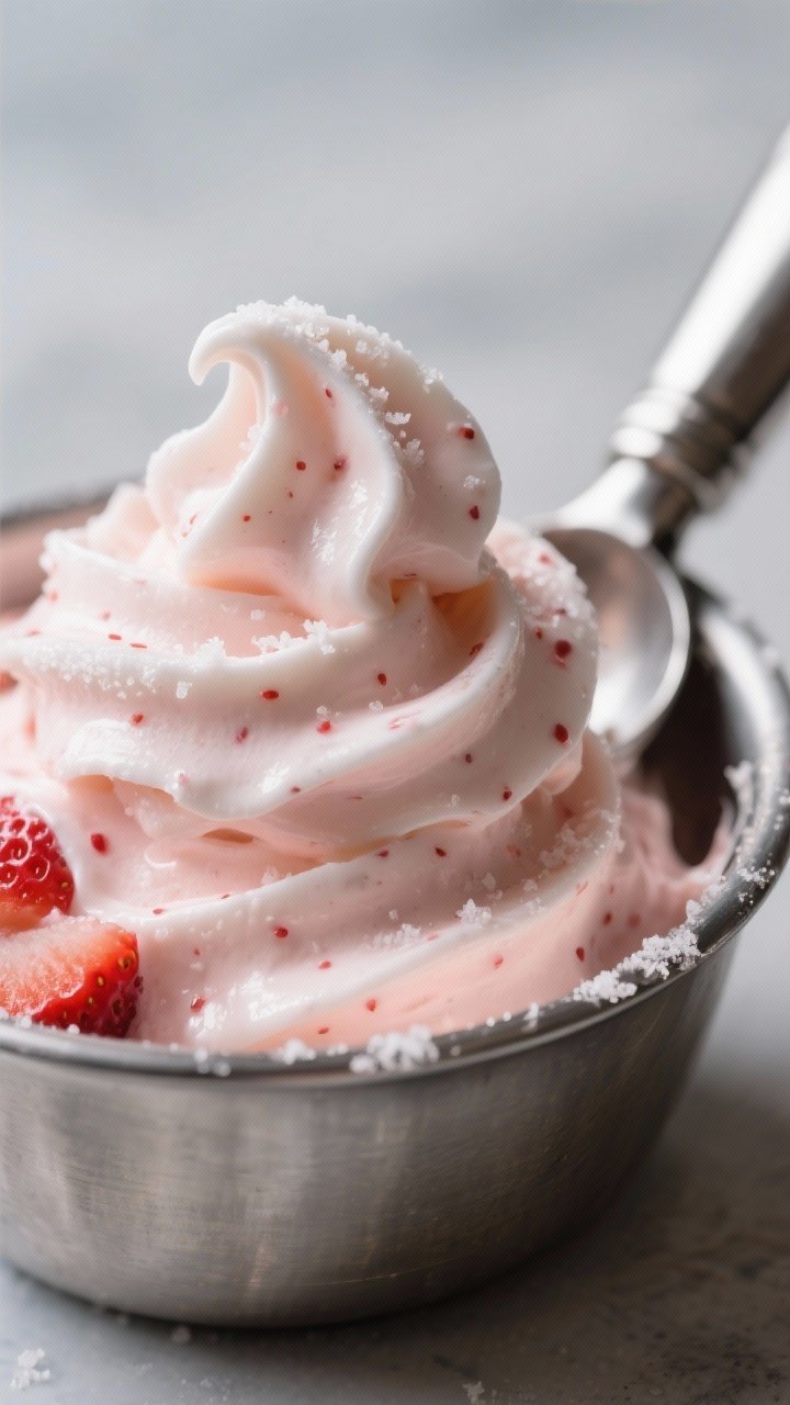 Close-up detail: Thick, scoopable strawberry keto ice cream just blended, swirled in a chilled metal