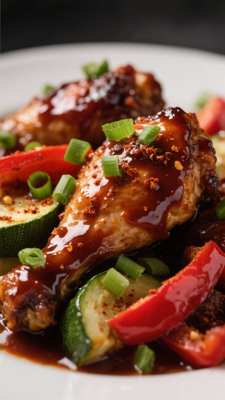 Close-up detail: Ultra close-up of saucy, glazed chicken pieces coated in thick, glossy sugar-free B