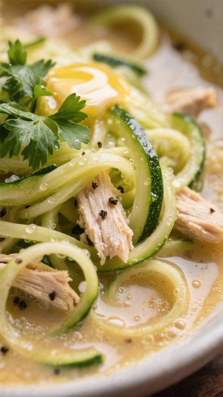 Close-up detail — zoodles added just-right: Macro close-up of freshly added zucchini noodles just 